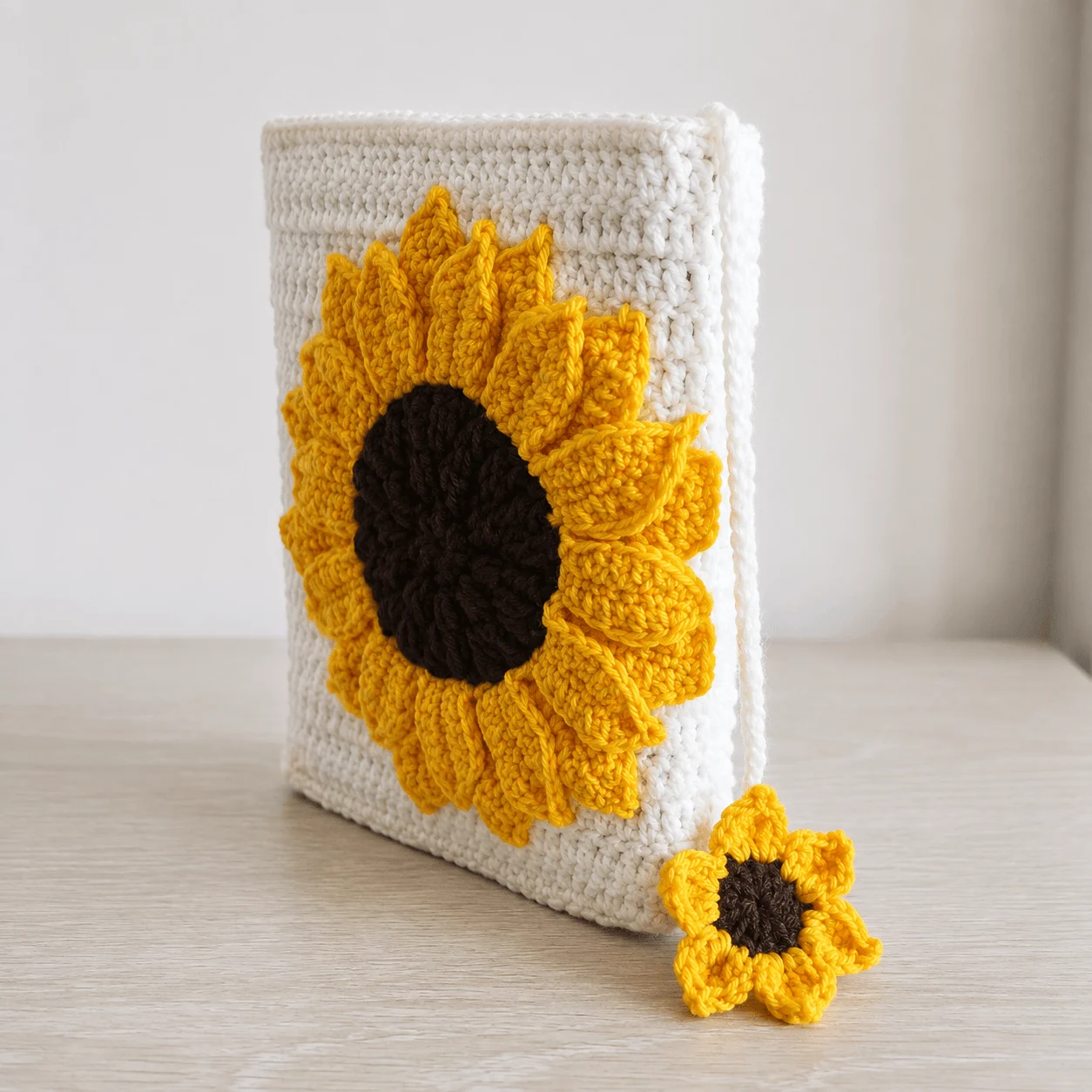 Handmade White Crochet Quran Cover with Sunflower & Floral Bookmark – detail view 4 thumbnail