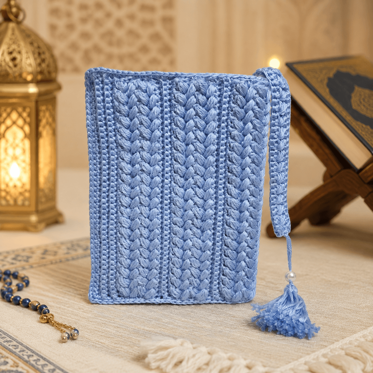 Handmade Pastel Blue Crochet Quran Cover with Tassel Bookmark