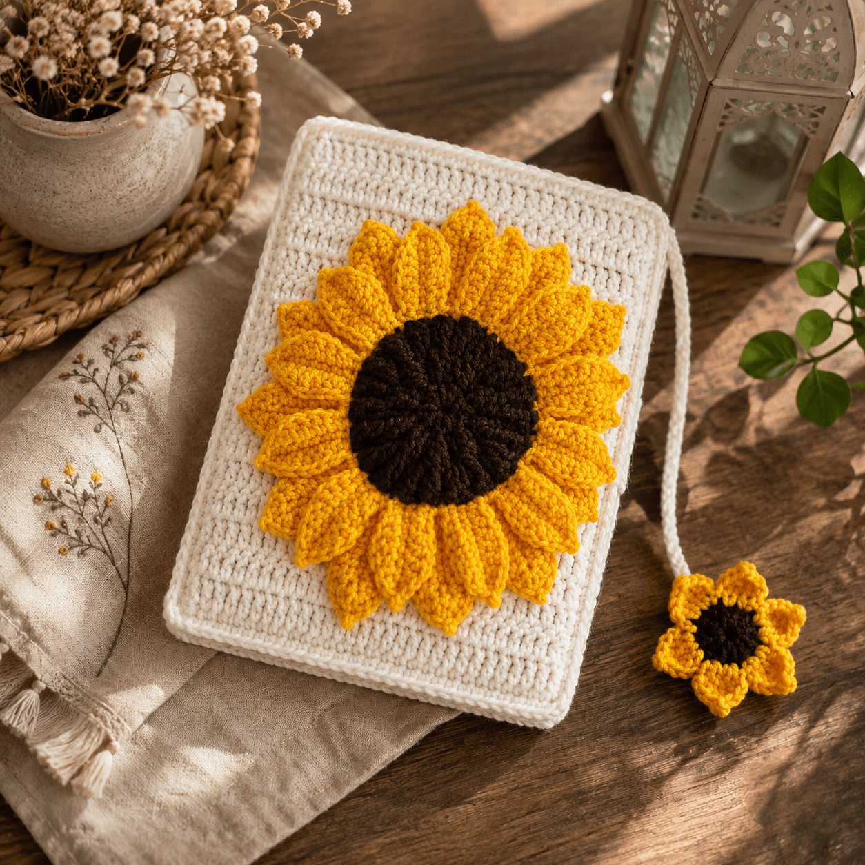 Handmade White Crochet Quran Cover with Sunflower & Floral Bookmark