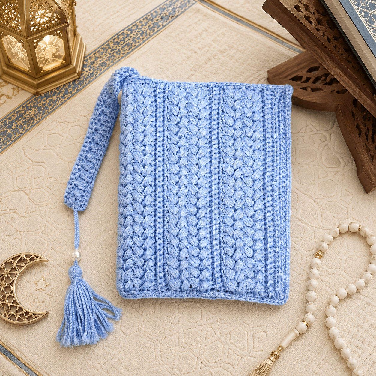 Handmade Pastel Blue Crochet Quran Cover with Tassel Bookmark