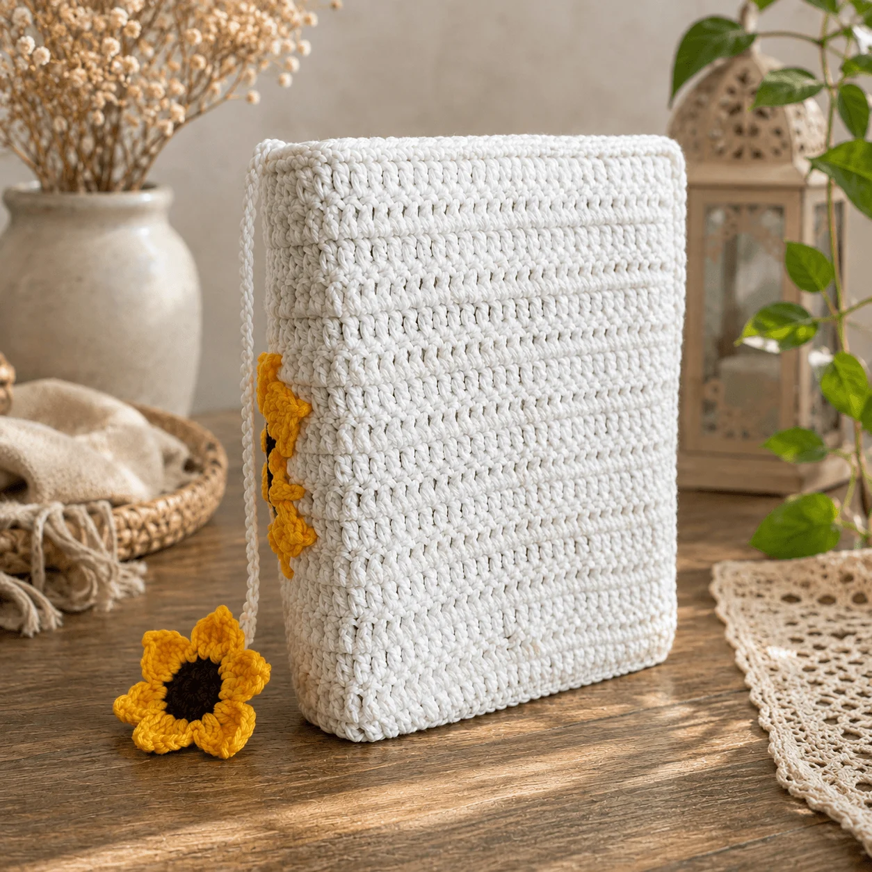 Handmade White Crochet Quran Cover with Sunflower & Floral Bookmark – detail view 2 thumbnail