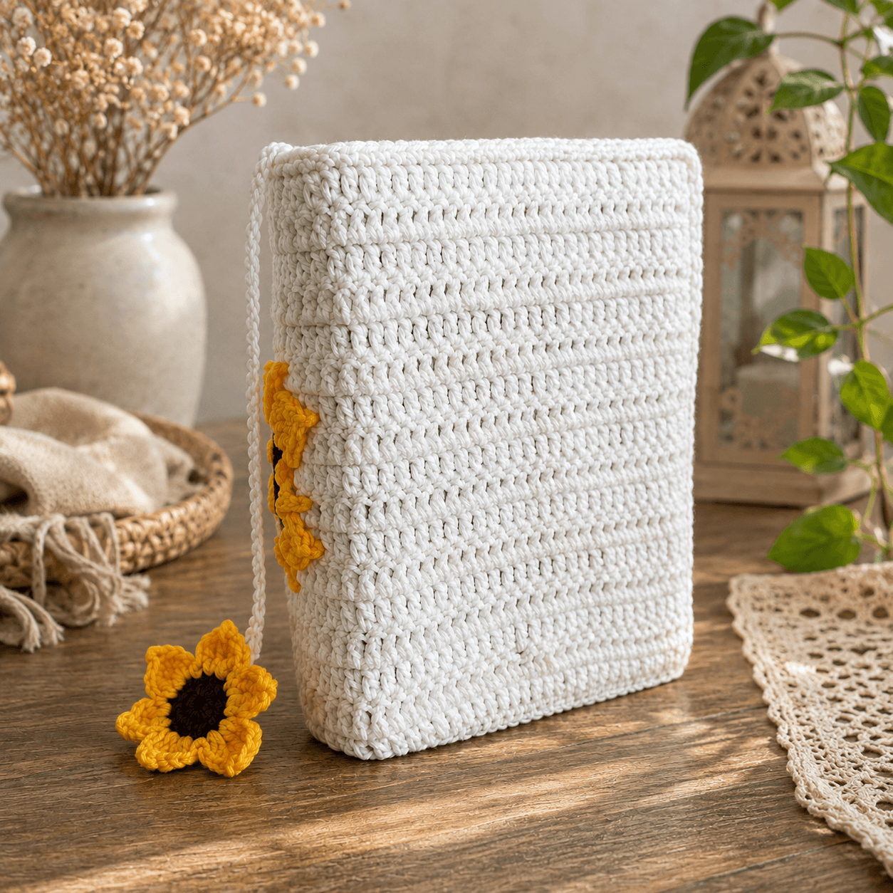 Handmade White Crochet Quran Cover with Sunflower & Floral Bookmark - Image 3