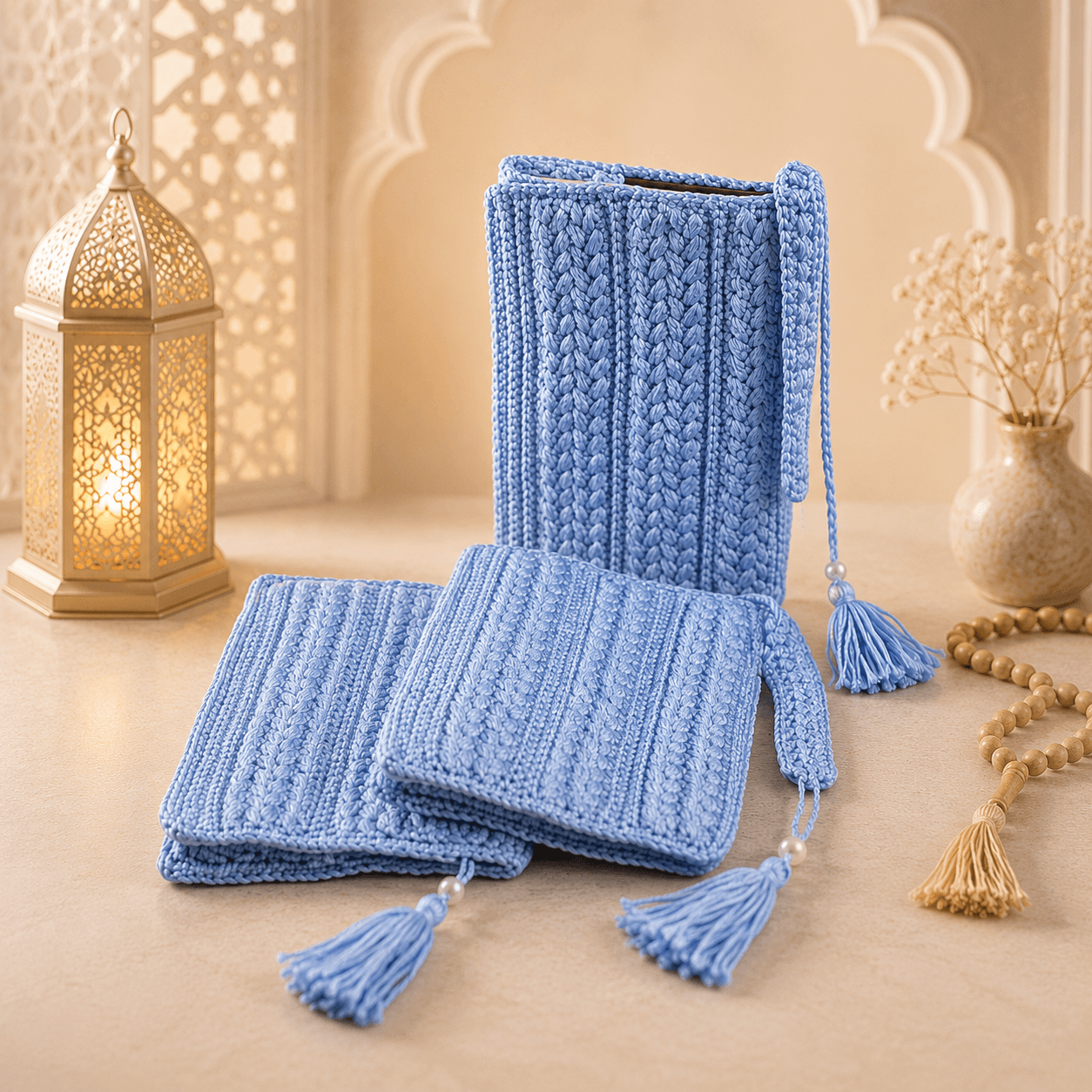 Handmade Pastel Blue Crochet Quran Cover with Tassel Bookmark