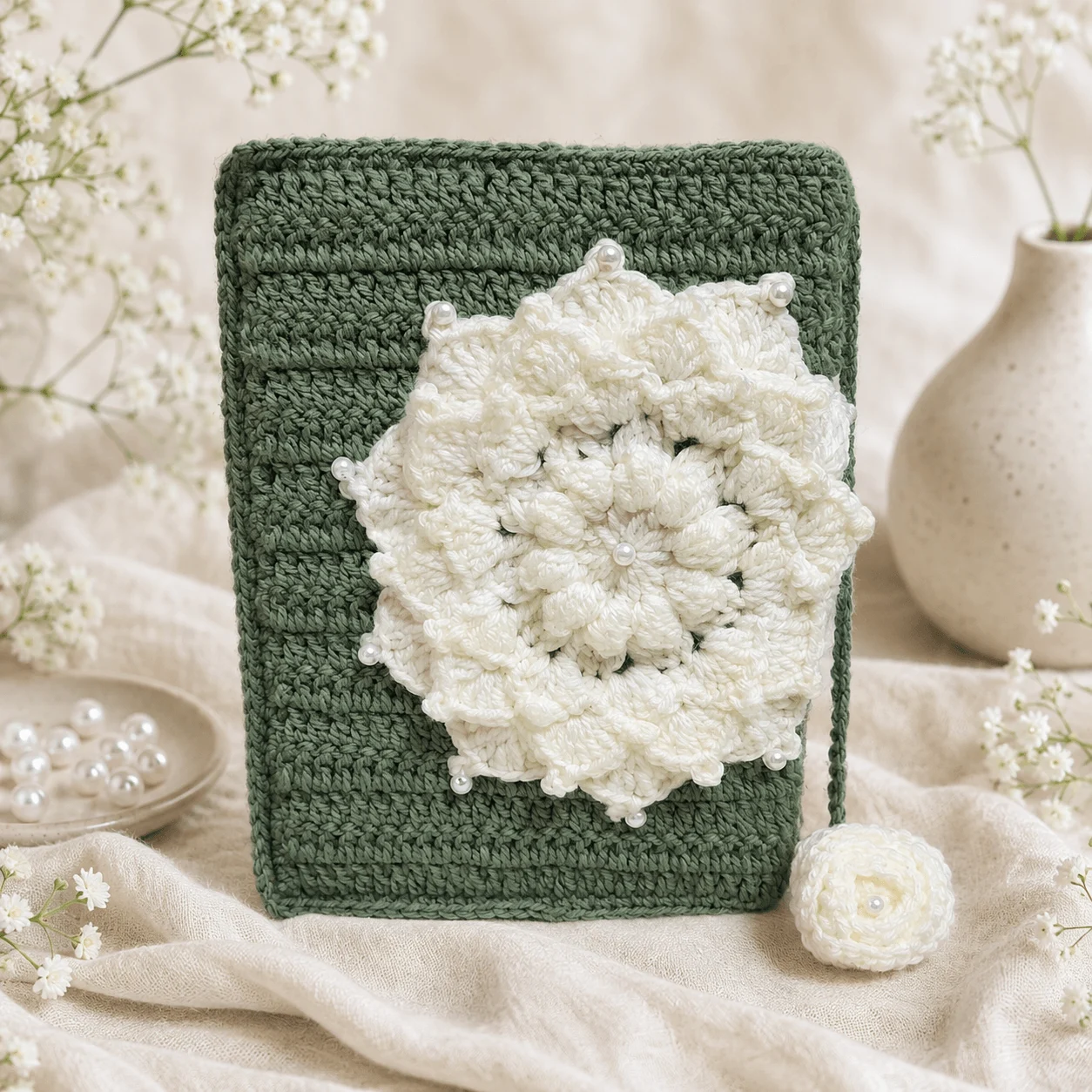Handmade Sage Green Crochet Quran Cover with Ivory Floral Motif – detail view 2 thumbnail
