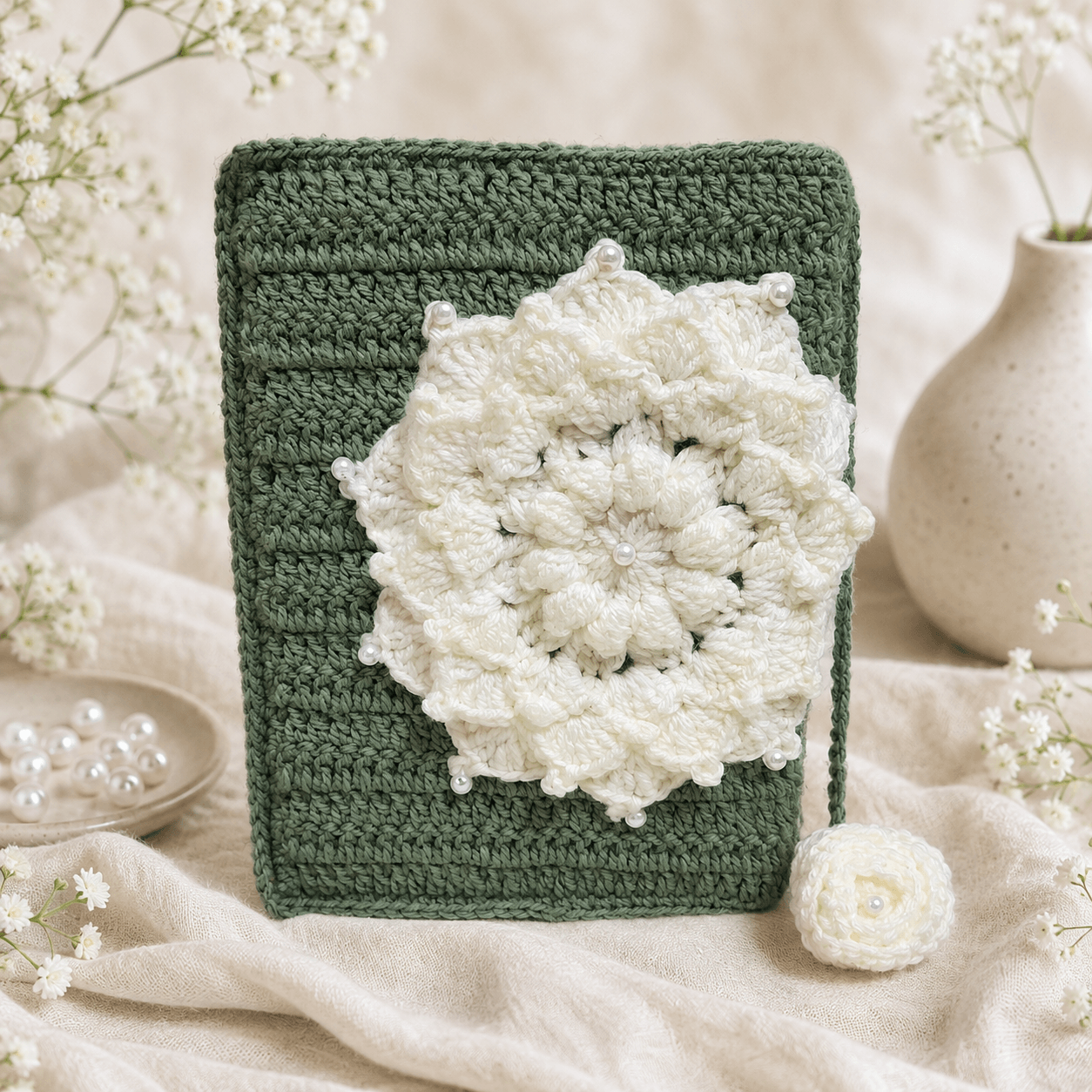 Handmade Sage Green Crochet Quran Cover with Ivory Floral Motif - Image 3