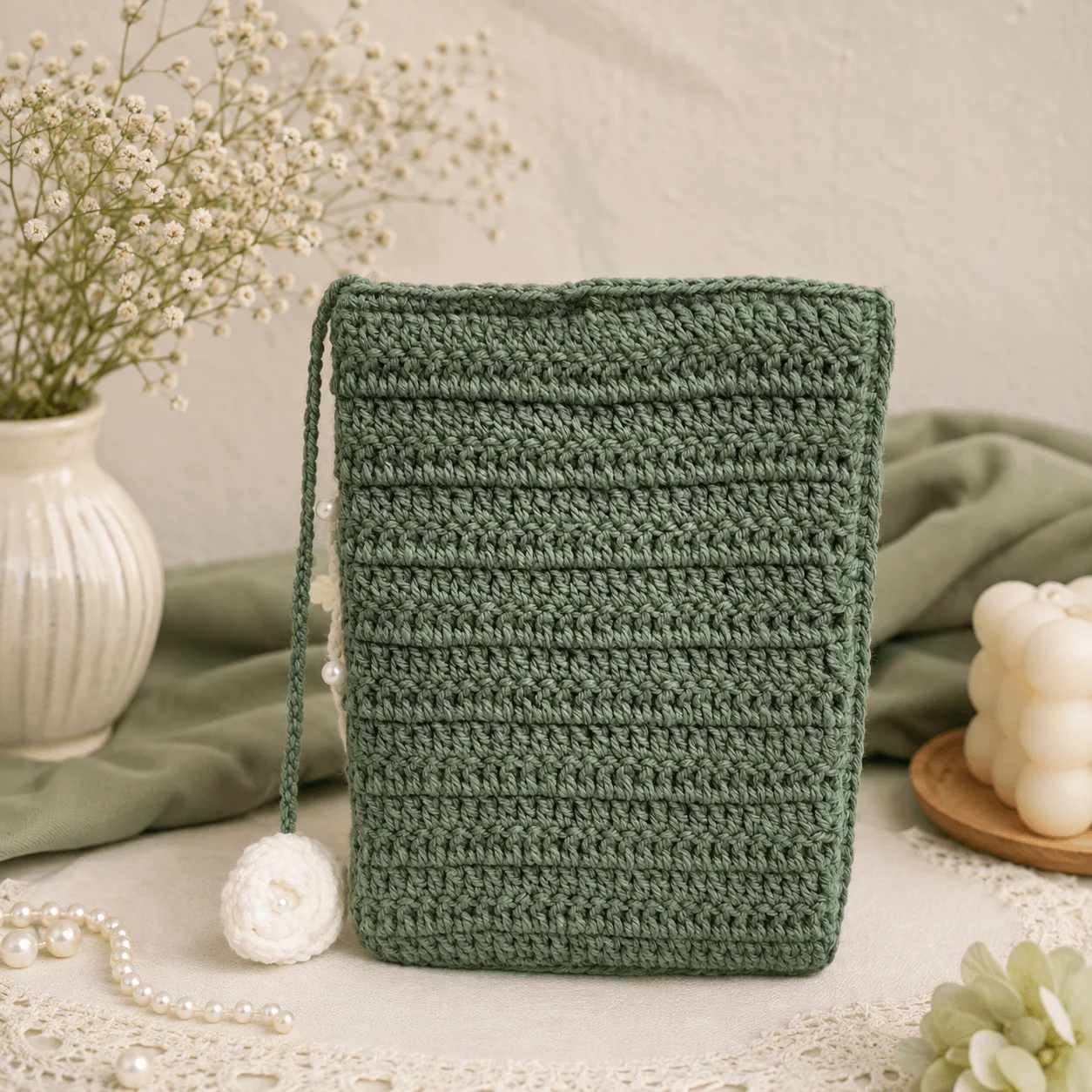 Handmade Sage Green Crochet Quran Cover with Ivory Floral Motif – detail view 3 thumbnail