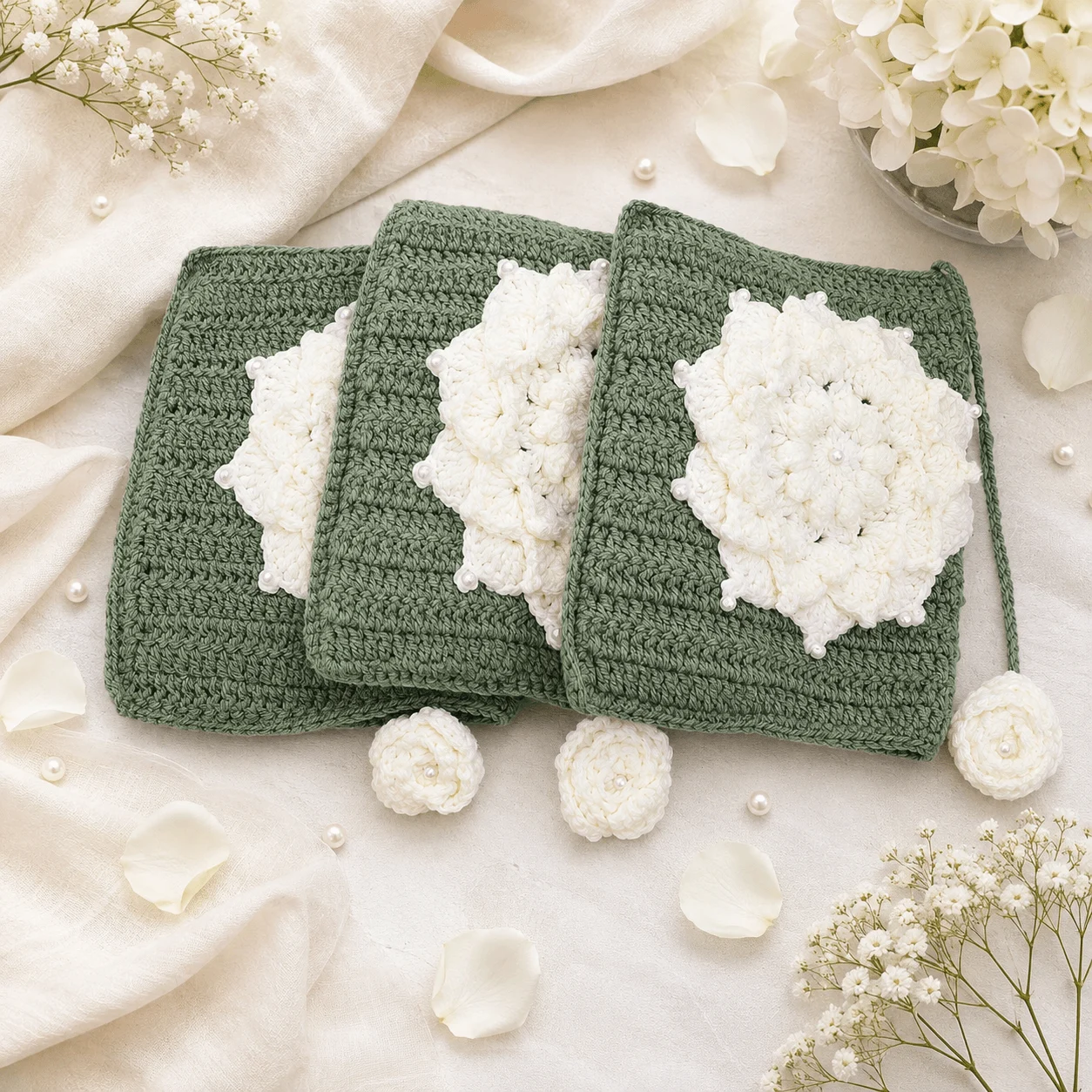 Handmade Sage Green Crochet Quran Cover with Ivory Floral Motif – detail view 4 thumbnail