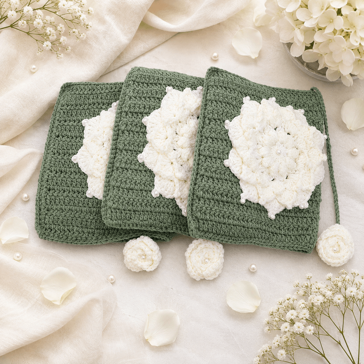 Handmade Sage Green Crochet Quran Cover with Ivory Floral Motif - Image 4