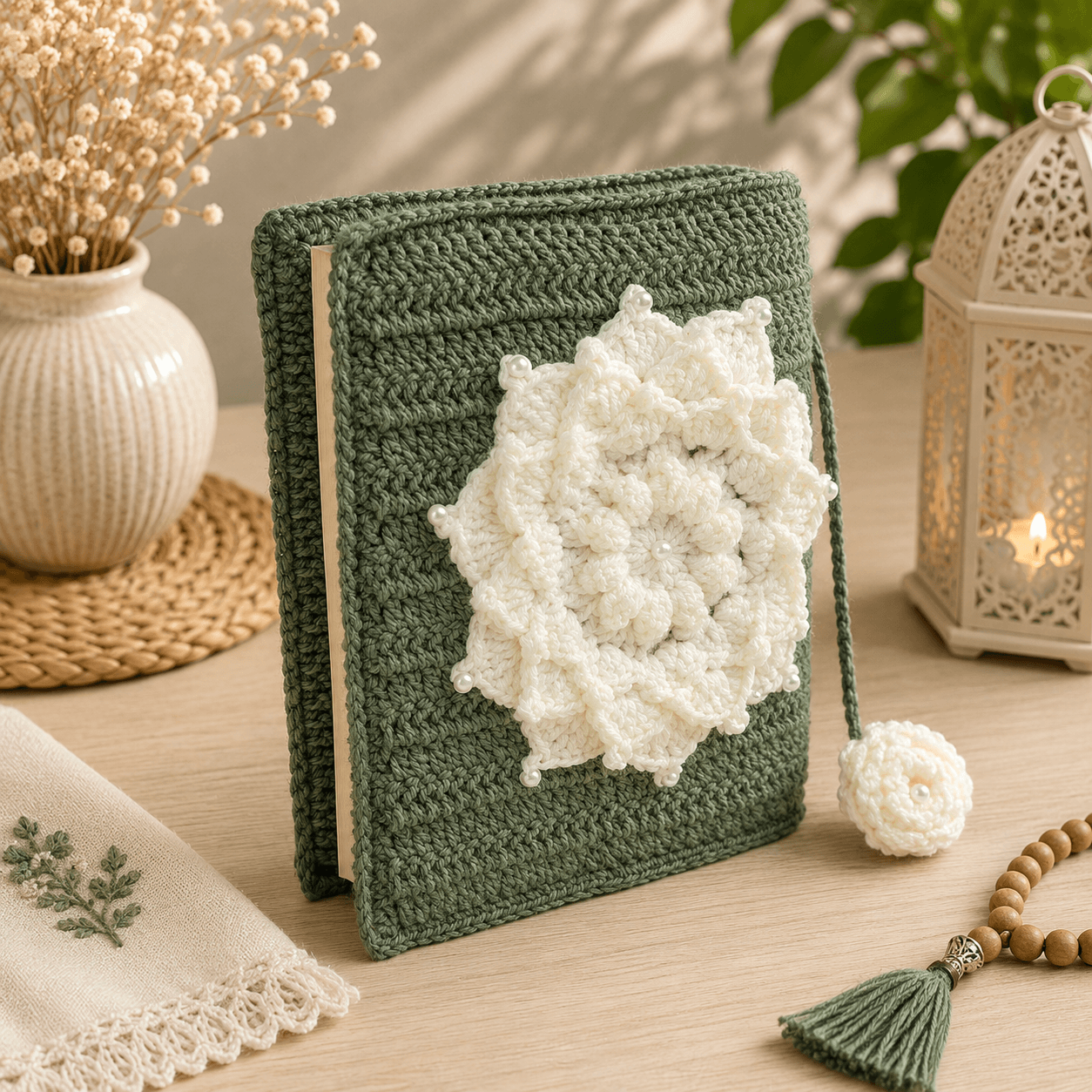 Handmade Sage Green Crochet Quran Cover with Ivory Floral Motif