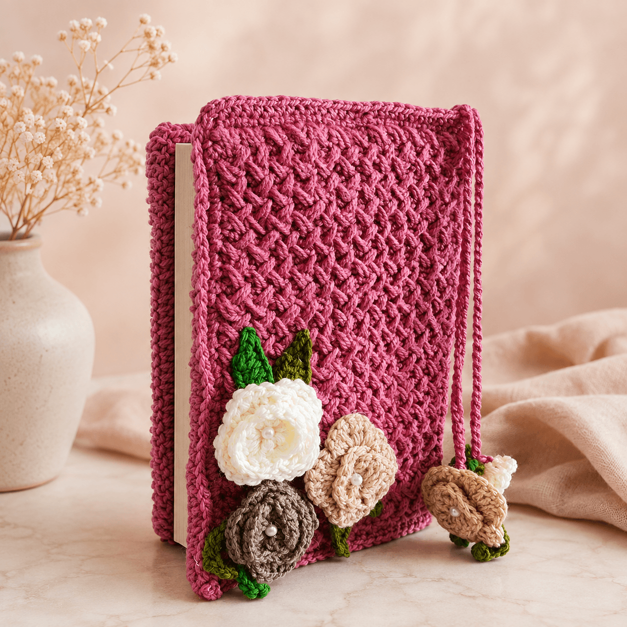 Handmade Rose Pink Crochet Quran Cover with Floral Bookmark Charms