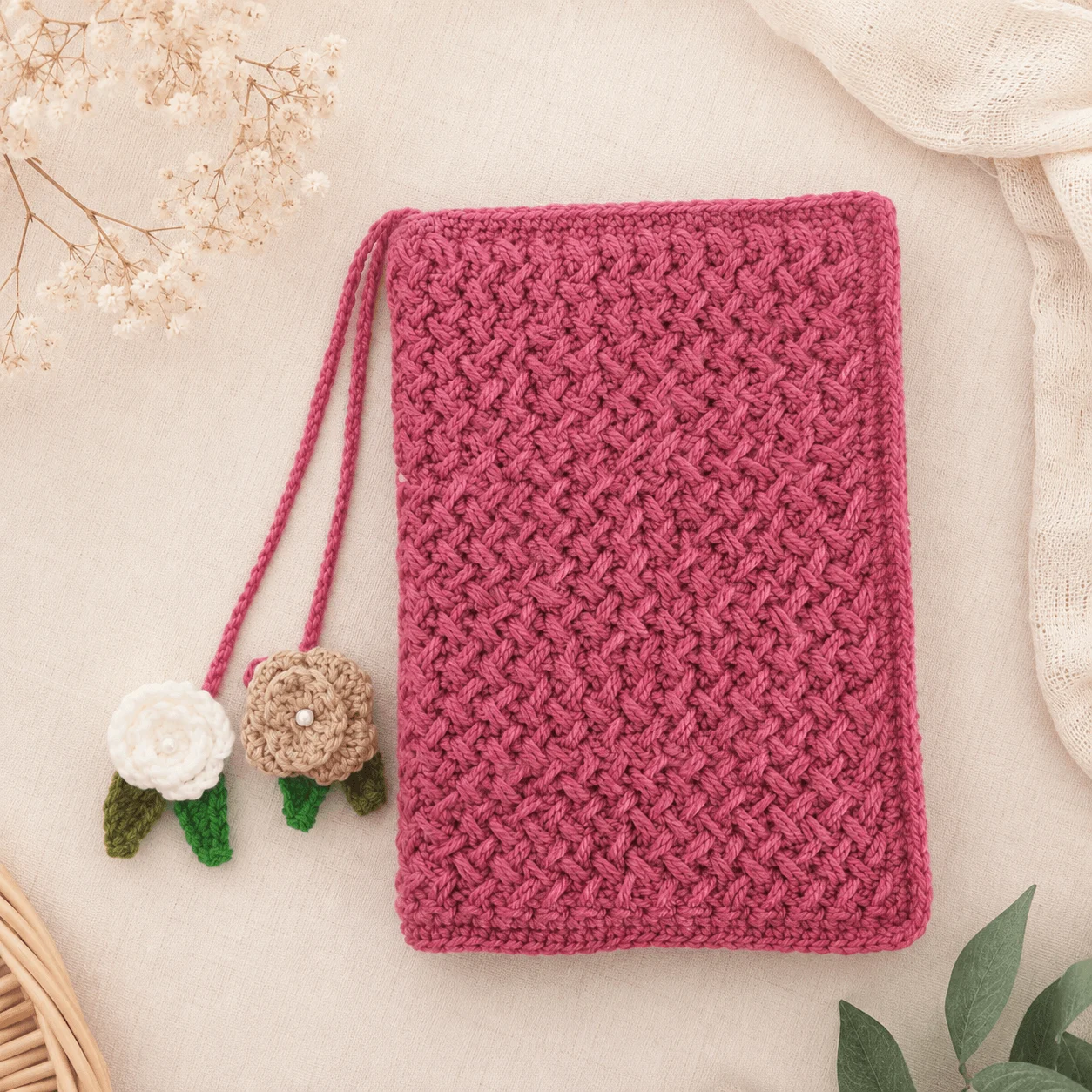 Handmade Rose Pink Crochet Quran Cover with Floral Bookmark Charms – detail view 2 thumbnail
