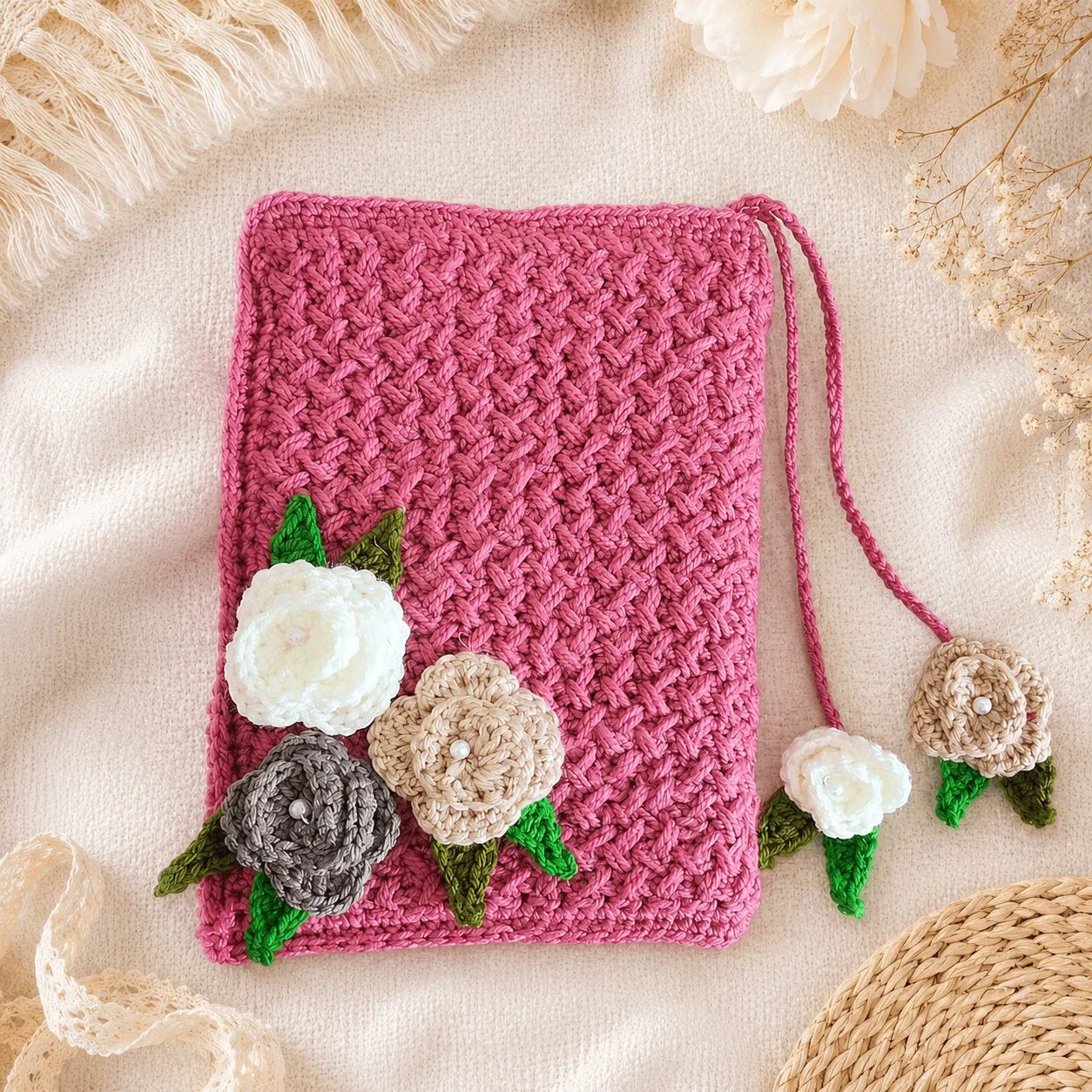 Handmade Rose Pink Crochet Quran Cover with Floral Bookmark Charms – detail view 3 thumbnail