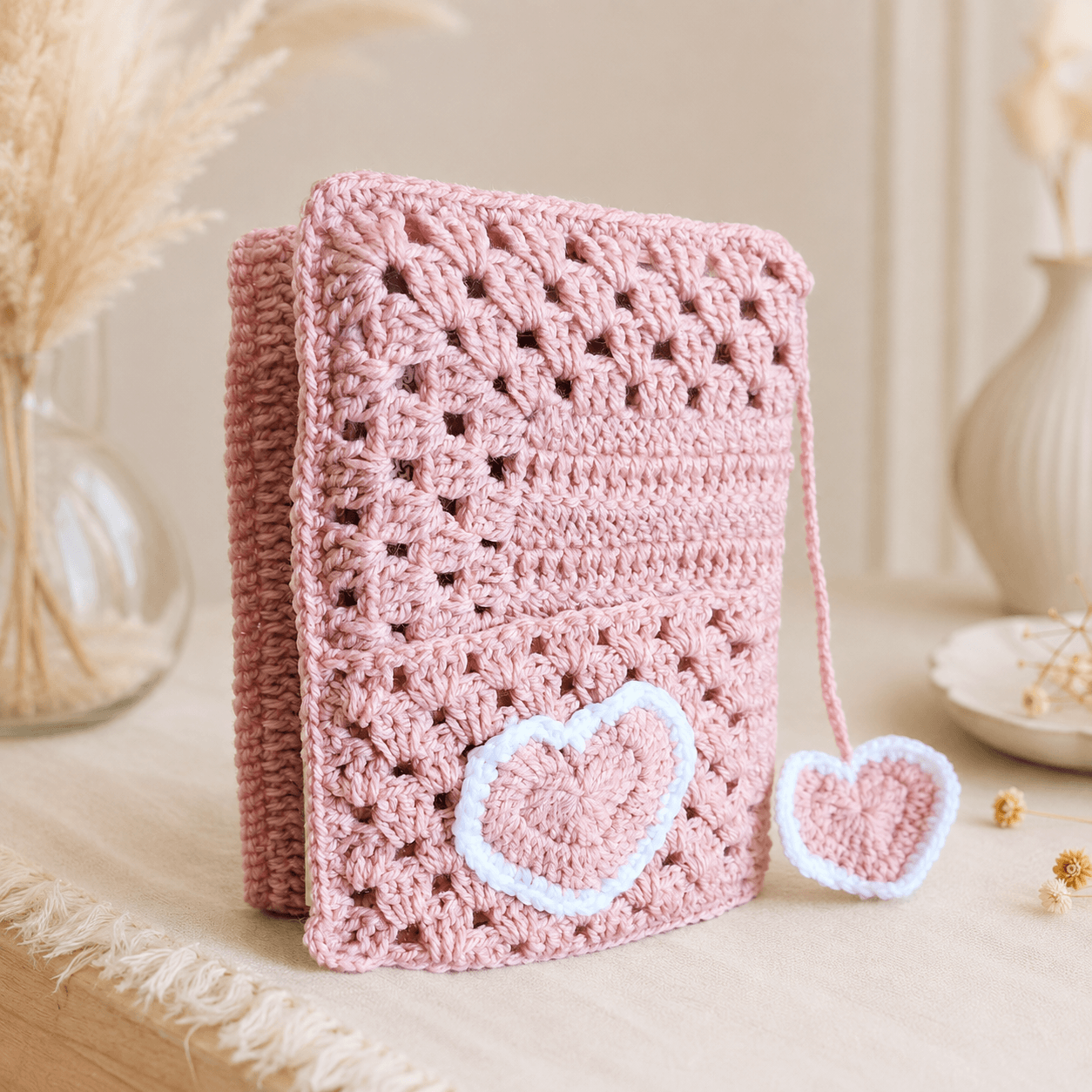 Handmade Dusty Pink Crochet Quran Cover with Pocket & Heart Bookmark