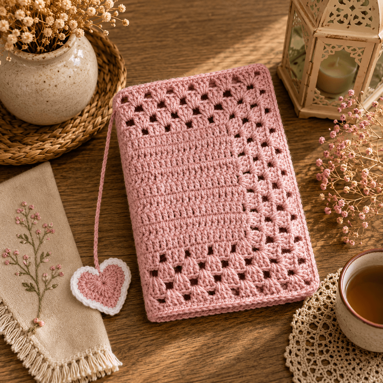 Handmade Dusty Pink Crochet Quran Cover with Pocket & Heart Bookmark - Image 3