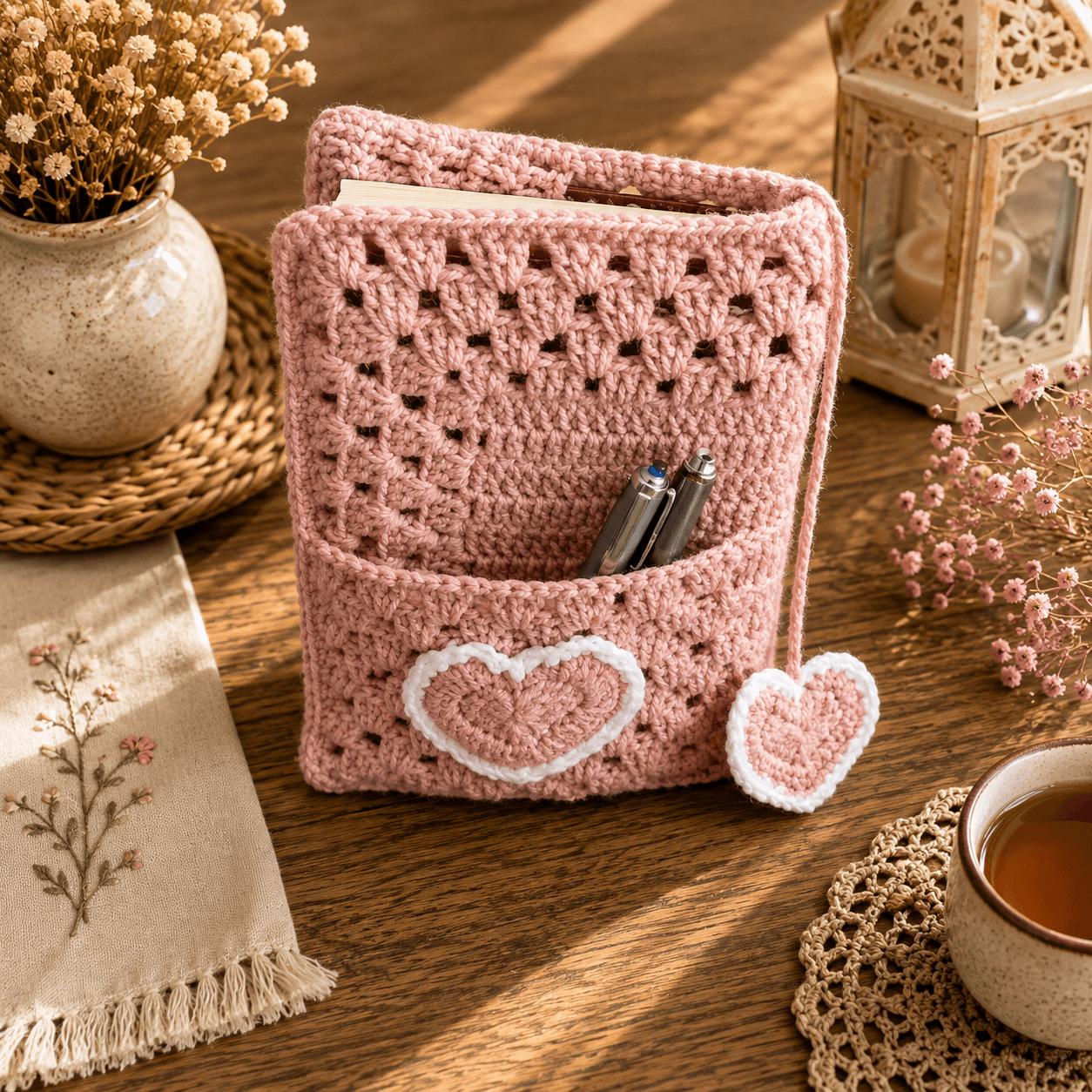 Handmade Dusty Pink Crochet Quran Cover with Pocket & Heart Bookmark - Image 4