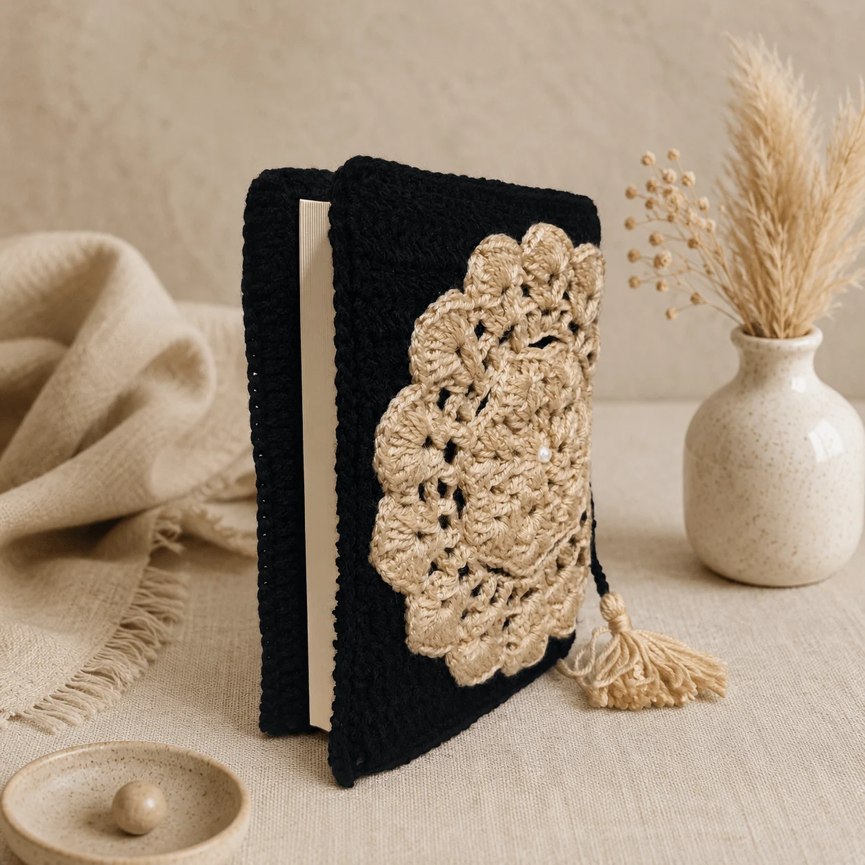 Handmade Black & Beige Crochet Quran Cover with Mandala Design – detail view 2 thumbnail
