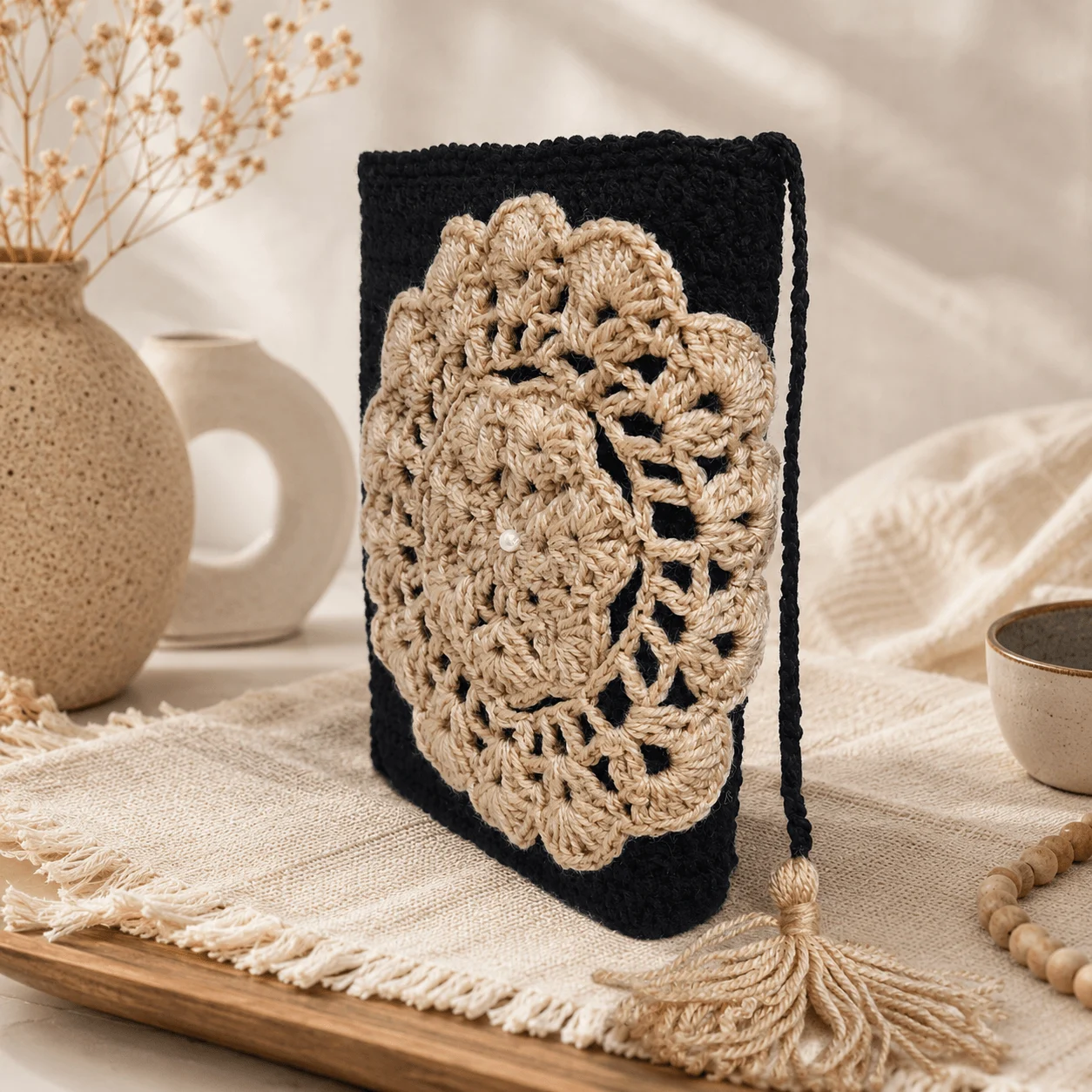 Handmade Black & Beige Crochet Quran Cover with Mandala Design – detail view 3 thumbnail
