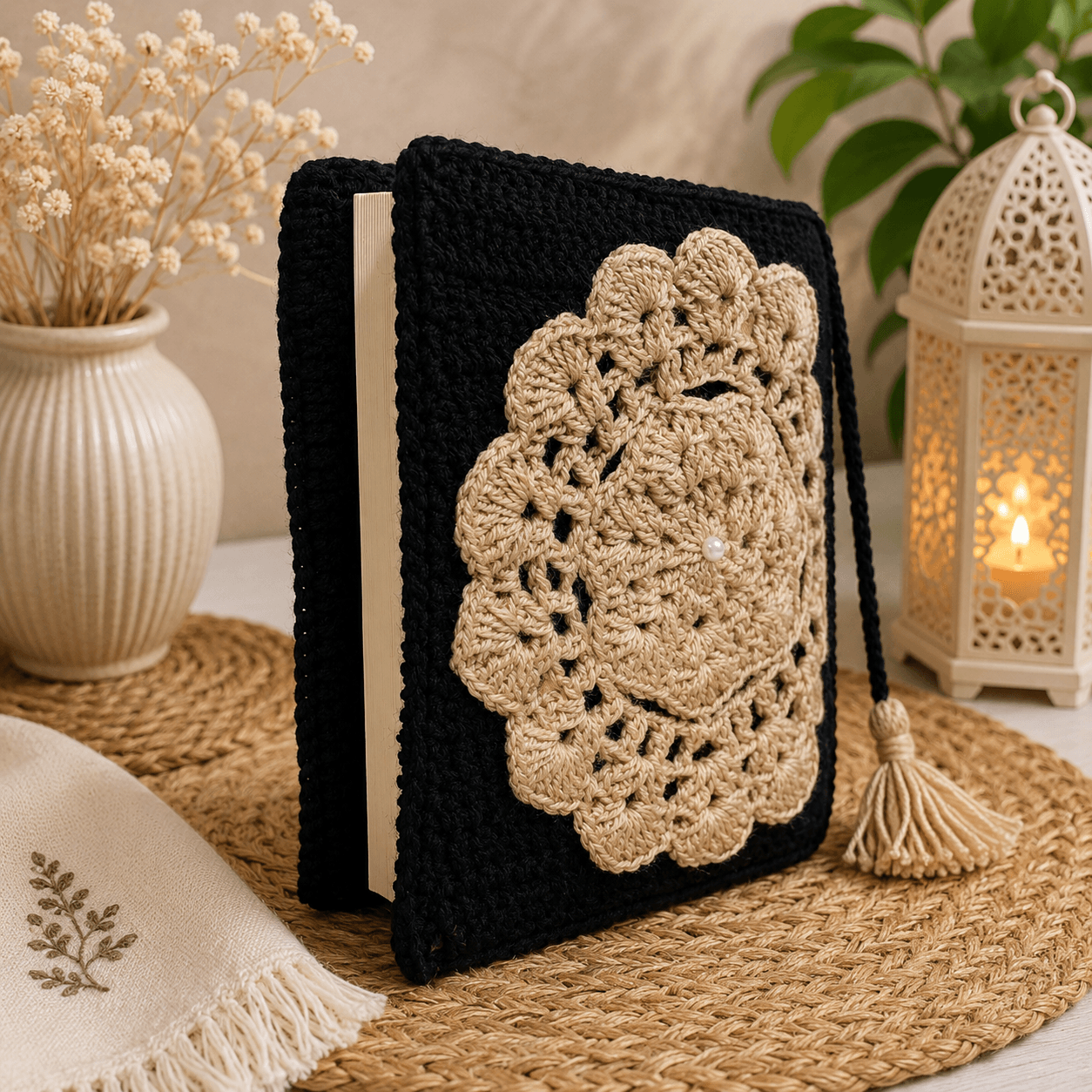 Handmade Black & Beige Crochet Quran Cover with Mandala Design