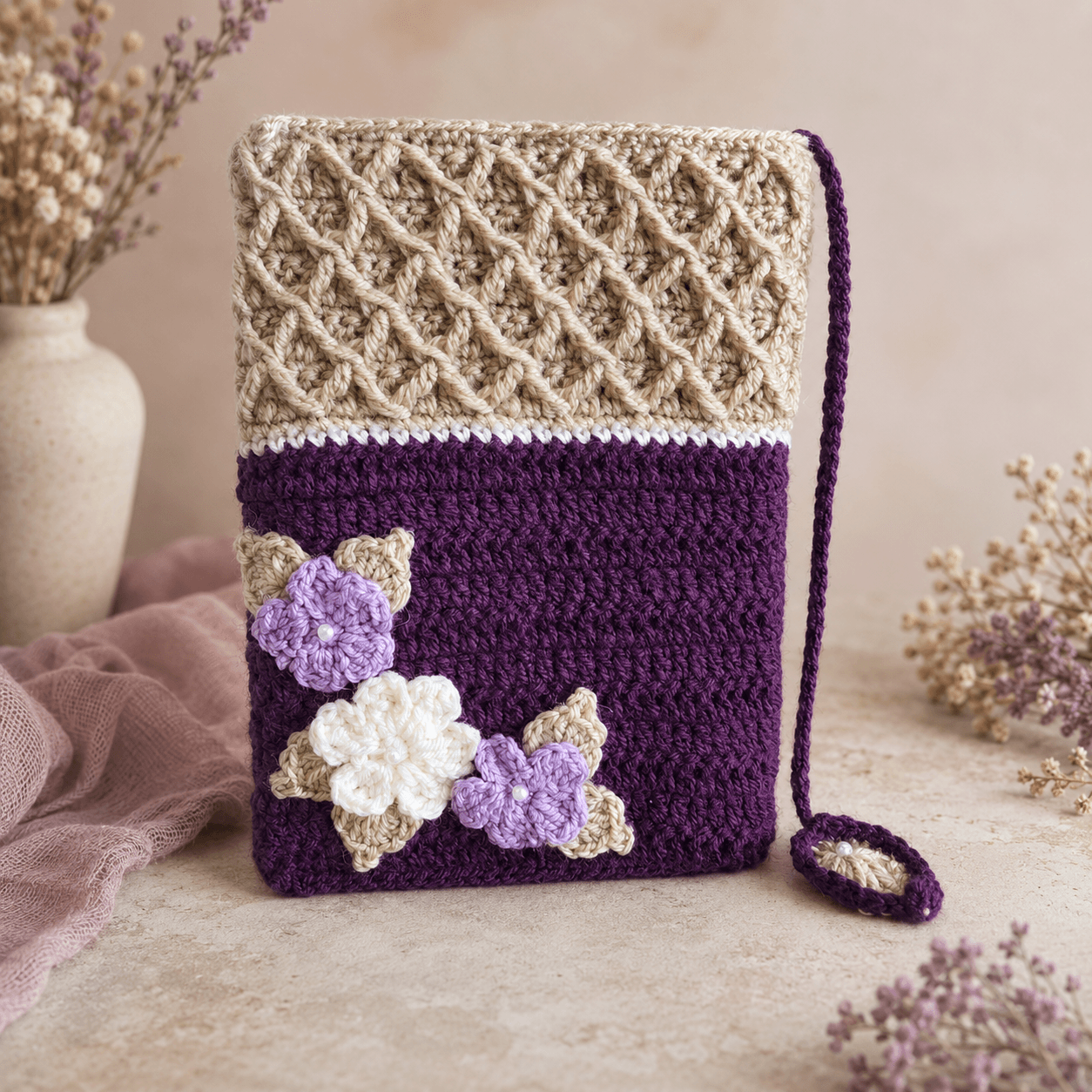 Handmade Plum & Beige Crochet Quran Cover with Floral Design