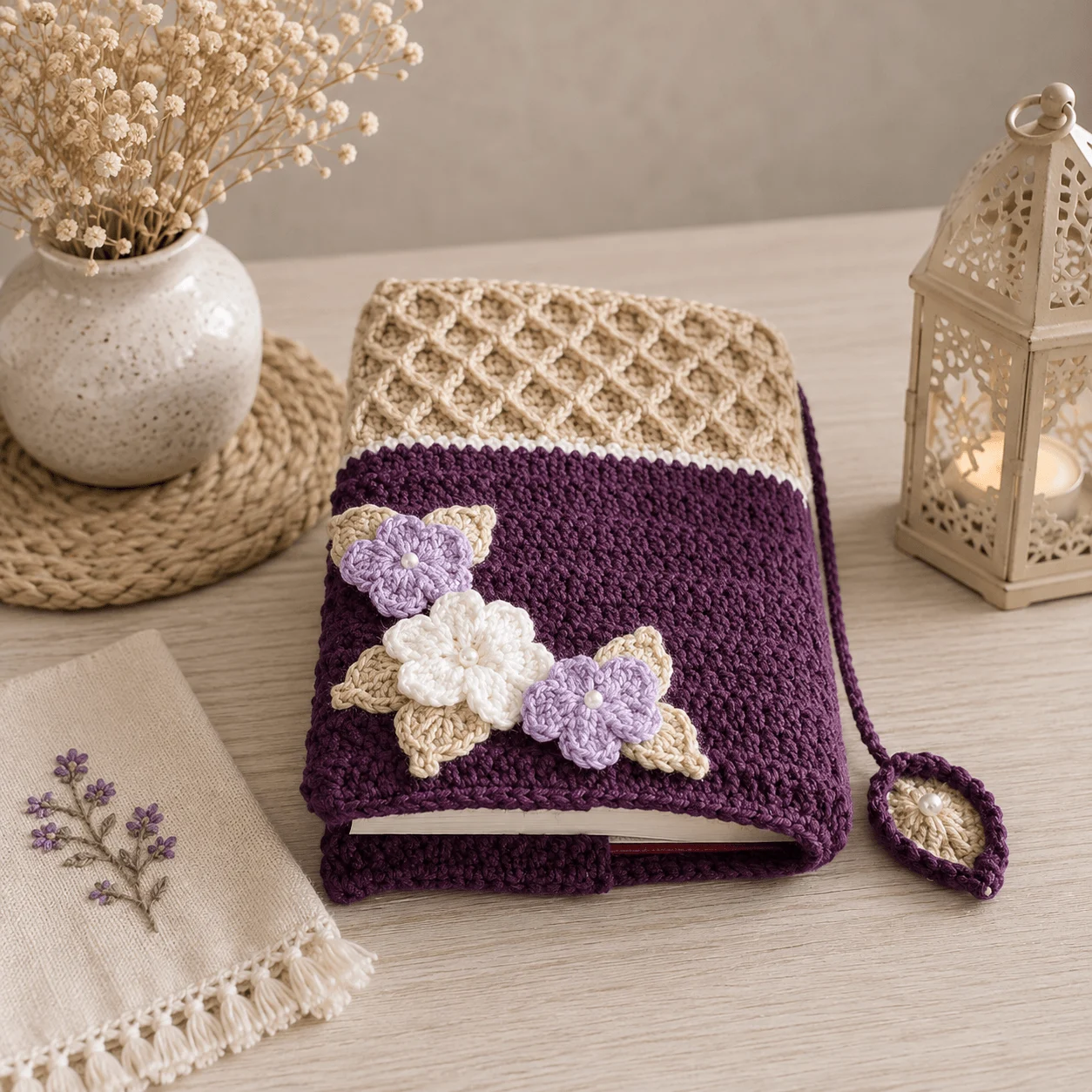 Handmade Plum & Beige Crochet Quran Cover with Floral Design – detail view 3 thumbnail