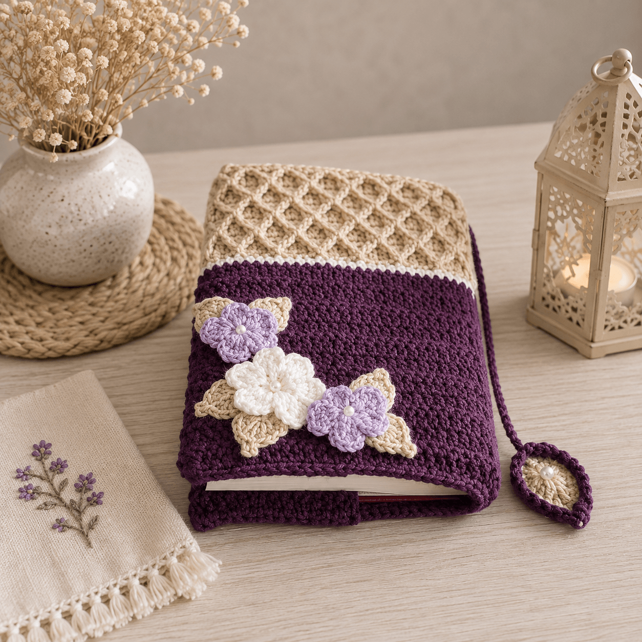 Handmade Plum & Beige Crochet Quran Cover with Floral Design - Image 3