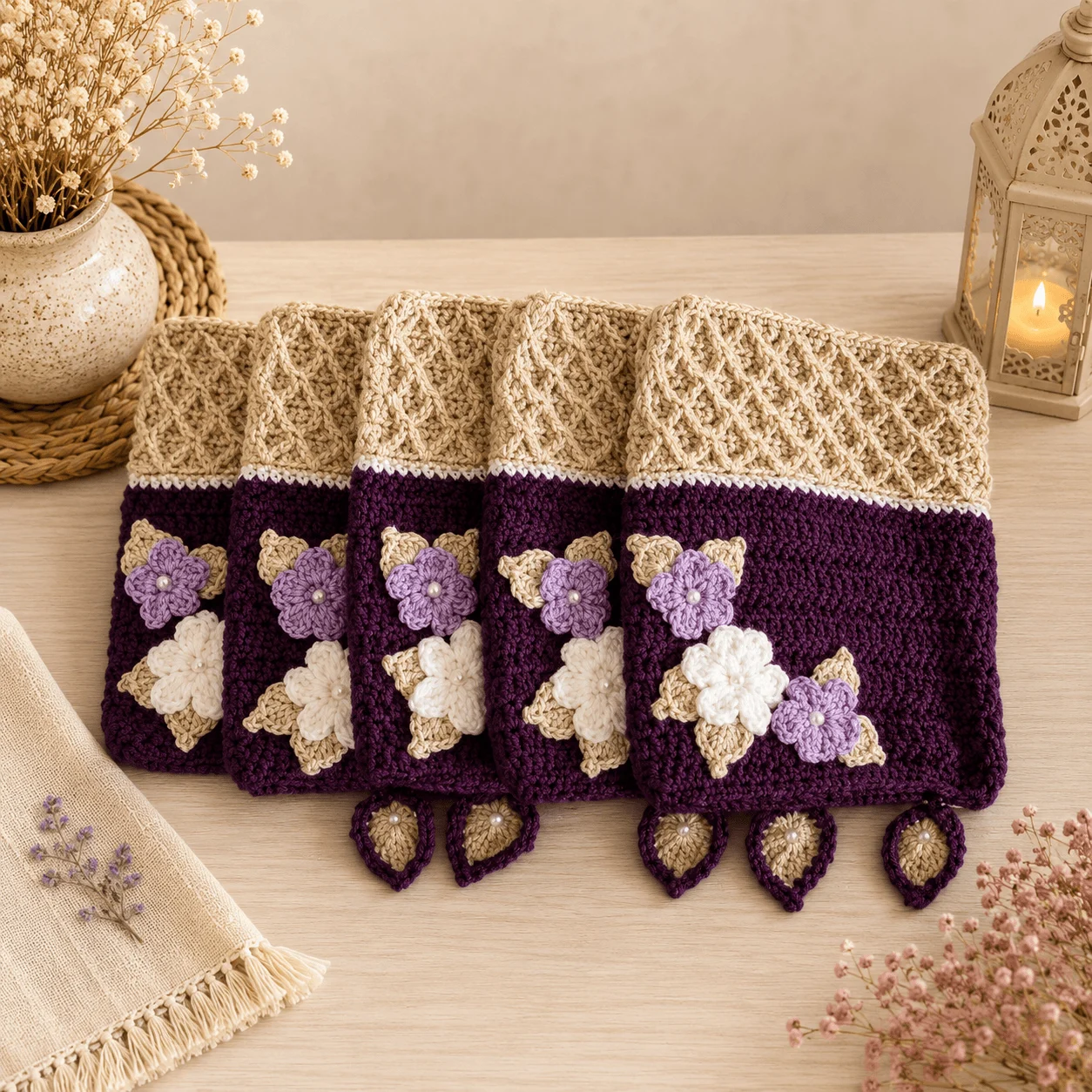 Handmade Plum & Beige Crochet Quran Cover with Floral Design – detail view 4 thumbnail