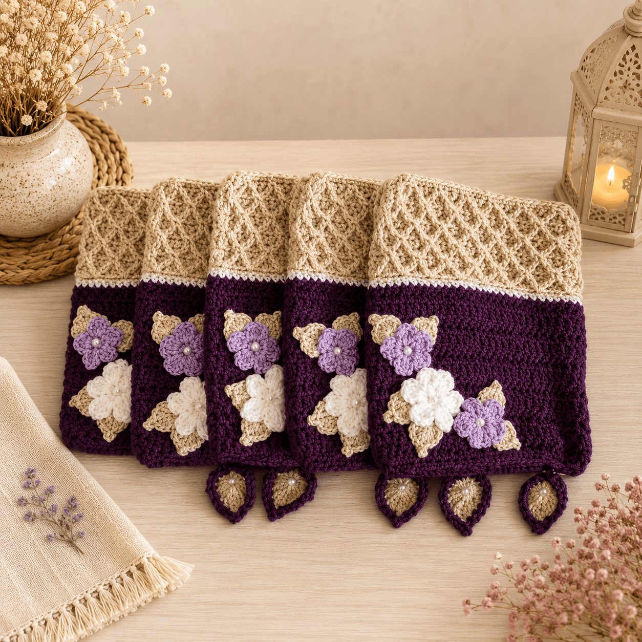Handmade Plum & Beige Crochet Quran Cover with Floral Design - Image 4