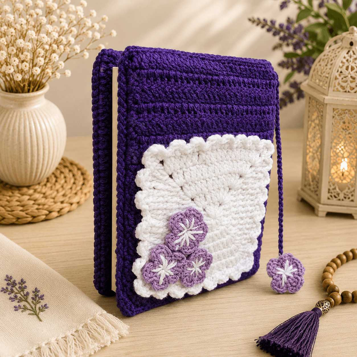Handmade Purple Crochet Quran Cover with White Floral Panel