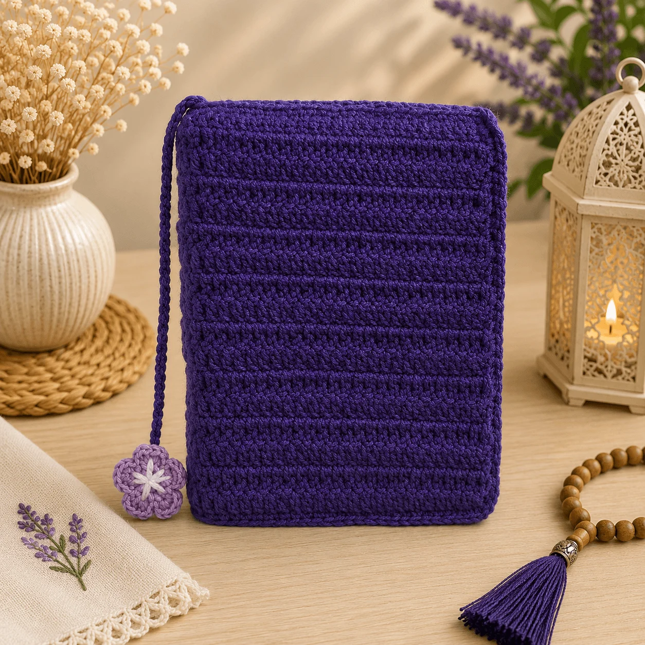 Handmade Purple Crochet Quran Cover with White Floral Panel – detail view 2 thumbnail