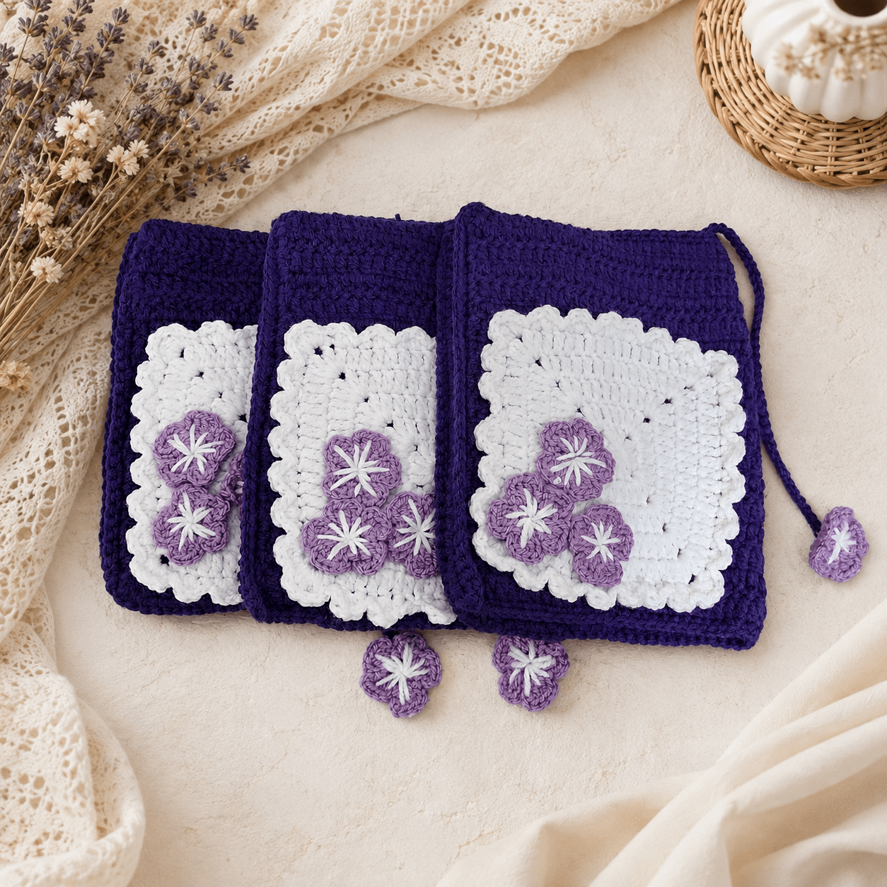 Handmade Purple Crochet Quran Cover with White Floral Panel - Image 3